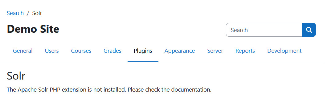 Moodle Solr search setup page showing a missing PHP Solr extension message