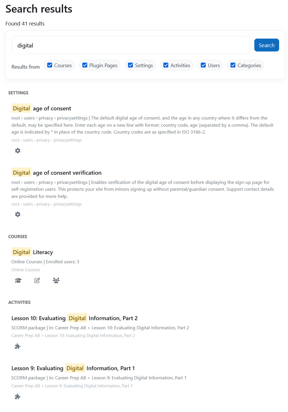 Smart Search Moodle plugin showing grouped results for settings, courses, activities, users, and categories