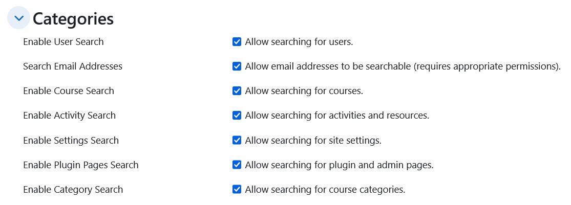 Smart Search settings showing configurable search categories for users, courses, activities, settings, plugin pages, and categories