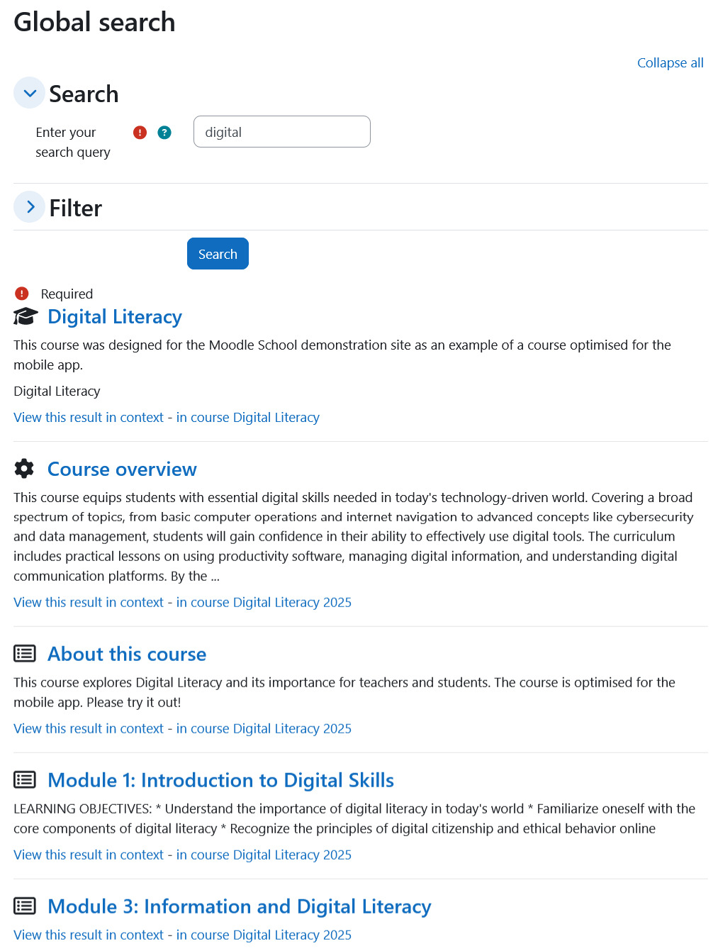 Moodle Site administration search showing matching results for the keyword digital