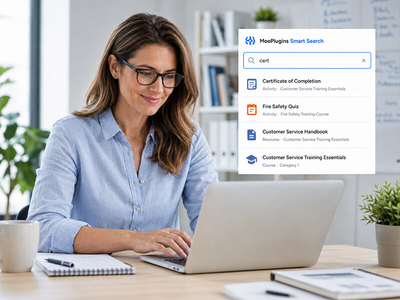 teachers card professional laptop dashboard Smart Search helping a Moodle teacher find certificates, quizzes, resources, and course activities quickly.