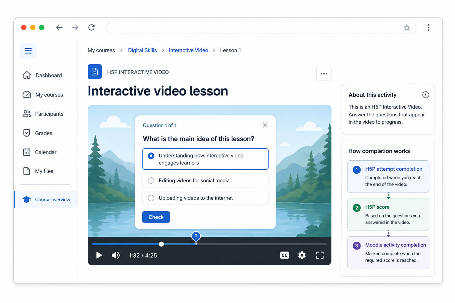 H5P Interactive Video in Moodle with a knowledge-check question on the video timeline
