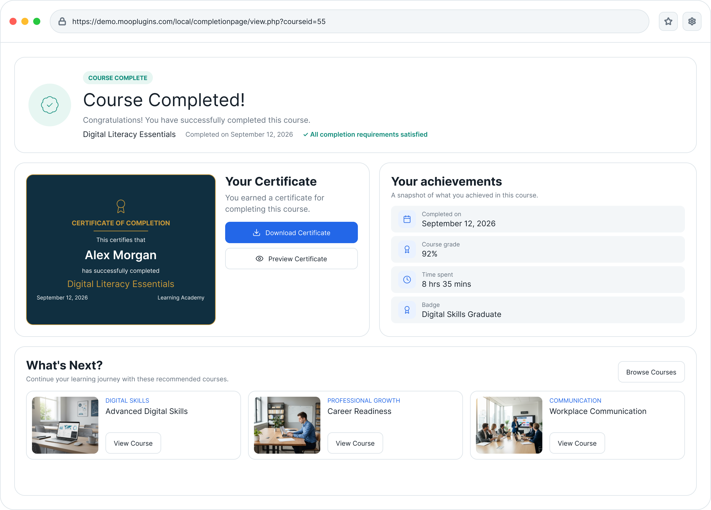 student-view-moodle-course-completion-page Smart Search Moodle plugin showing instant user search results with direct navigation, configurable search areas, and search insights