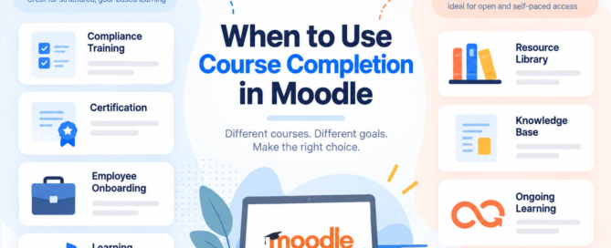 Different Moodle course types showing when formal course completion tracking is useful and when it may not be needed