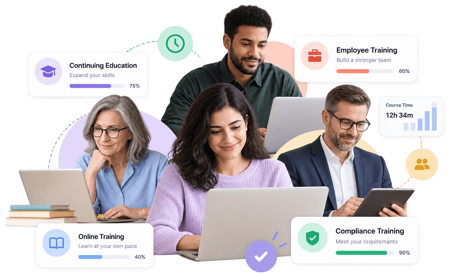 Students and professionals using Moodle for continuing education, employee training, compliance training, and online learning